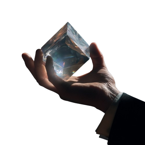 Glass cube held in hand